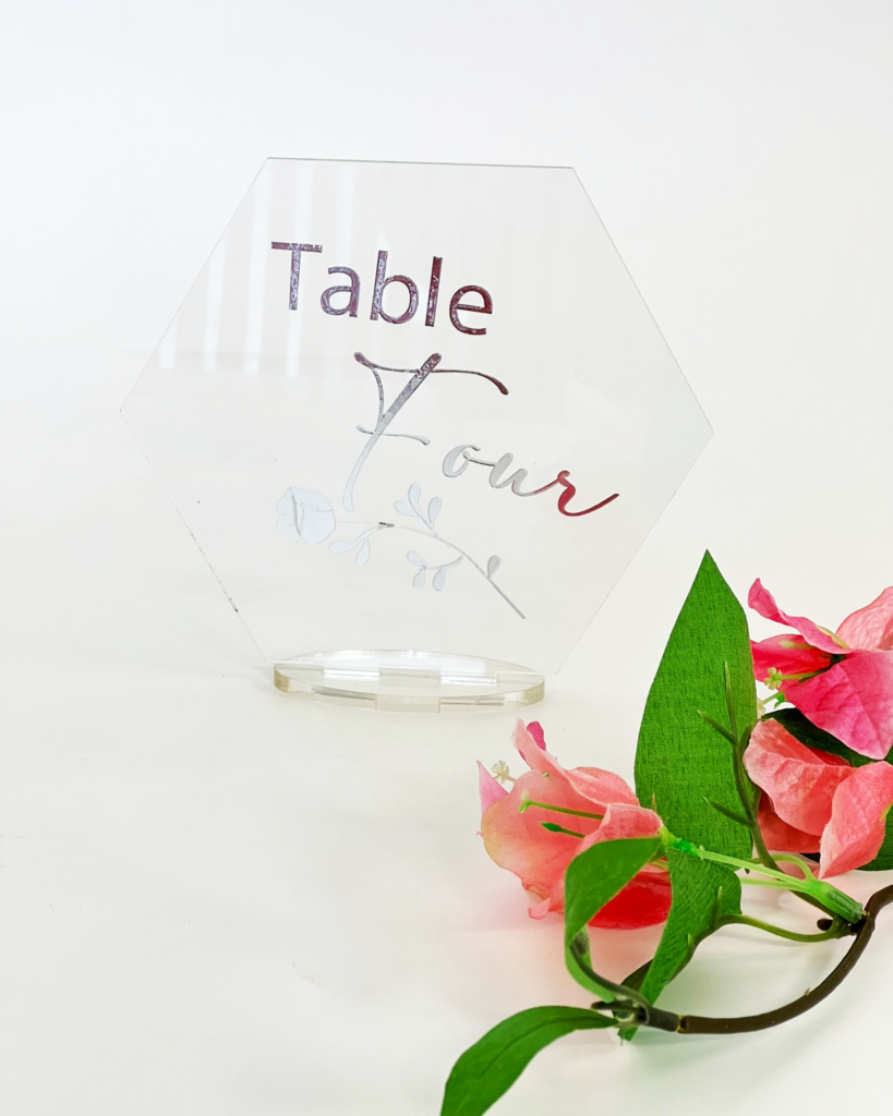 Personalised Acrylic Wedding Table Name Stand with Rose Detail